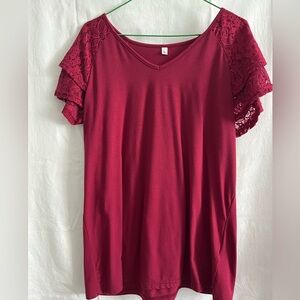Womens summer top ruffle sleeve with lace V- neck loose fit T-Shirt Large
